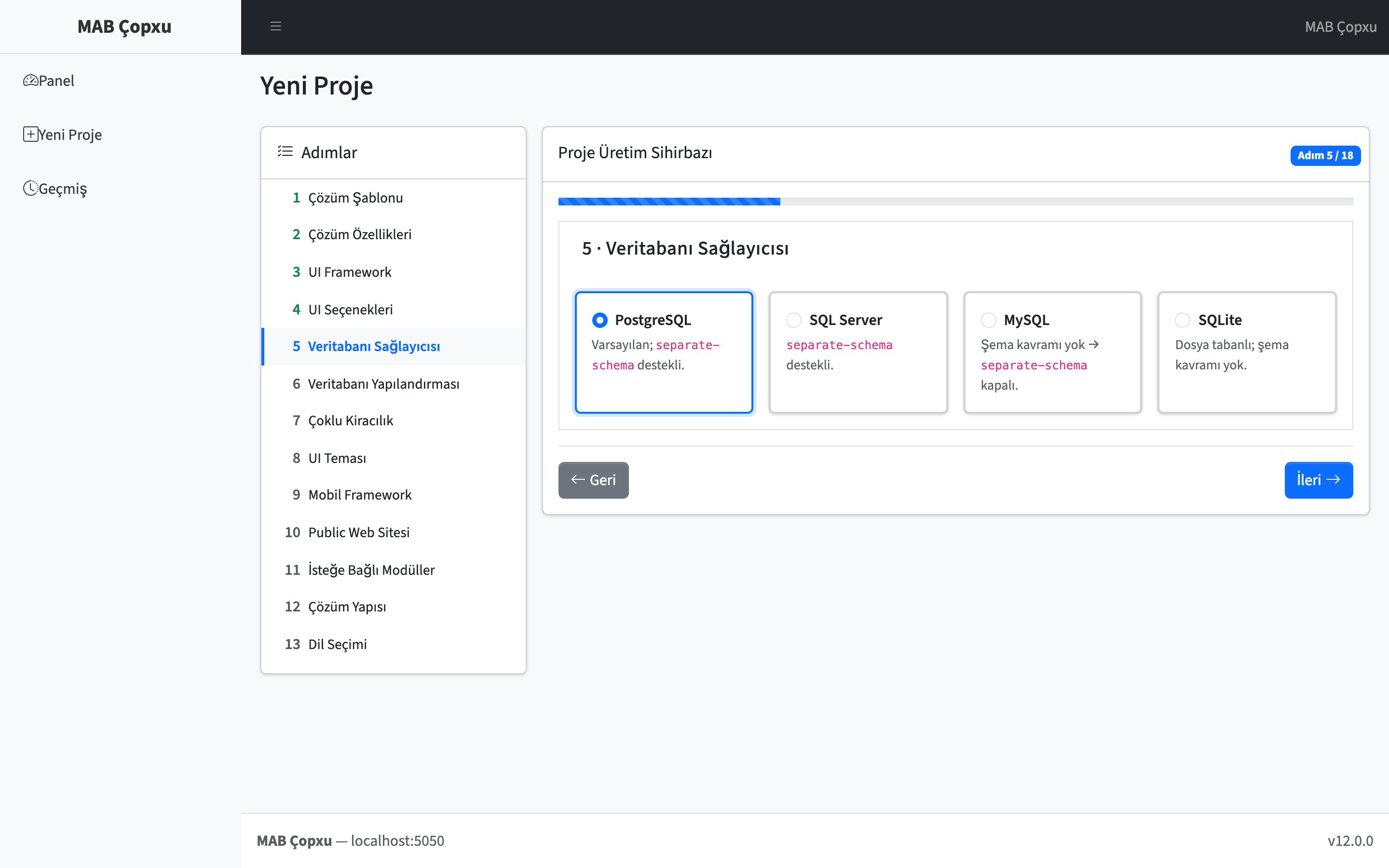 MAB Çopxu'nun 18 adımlı proje üretim sihirbazı; sol menüde adım listesi, sağda 5. adım: PostgreSQL seçili veritabanı sağlayıcısı kartları